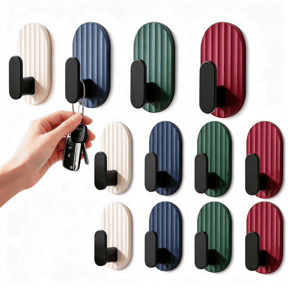 12 pack Self Adhesive Hook,Hanging Wall and Door Stick-On Hooks for Entryway Bedroom Kitchen Bathroom,Plastic No Damage 4 Colors