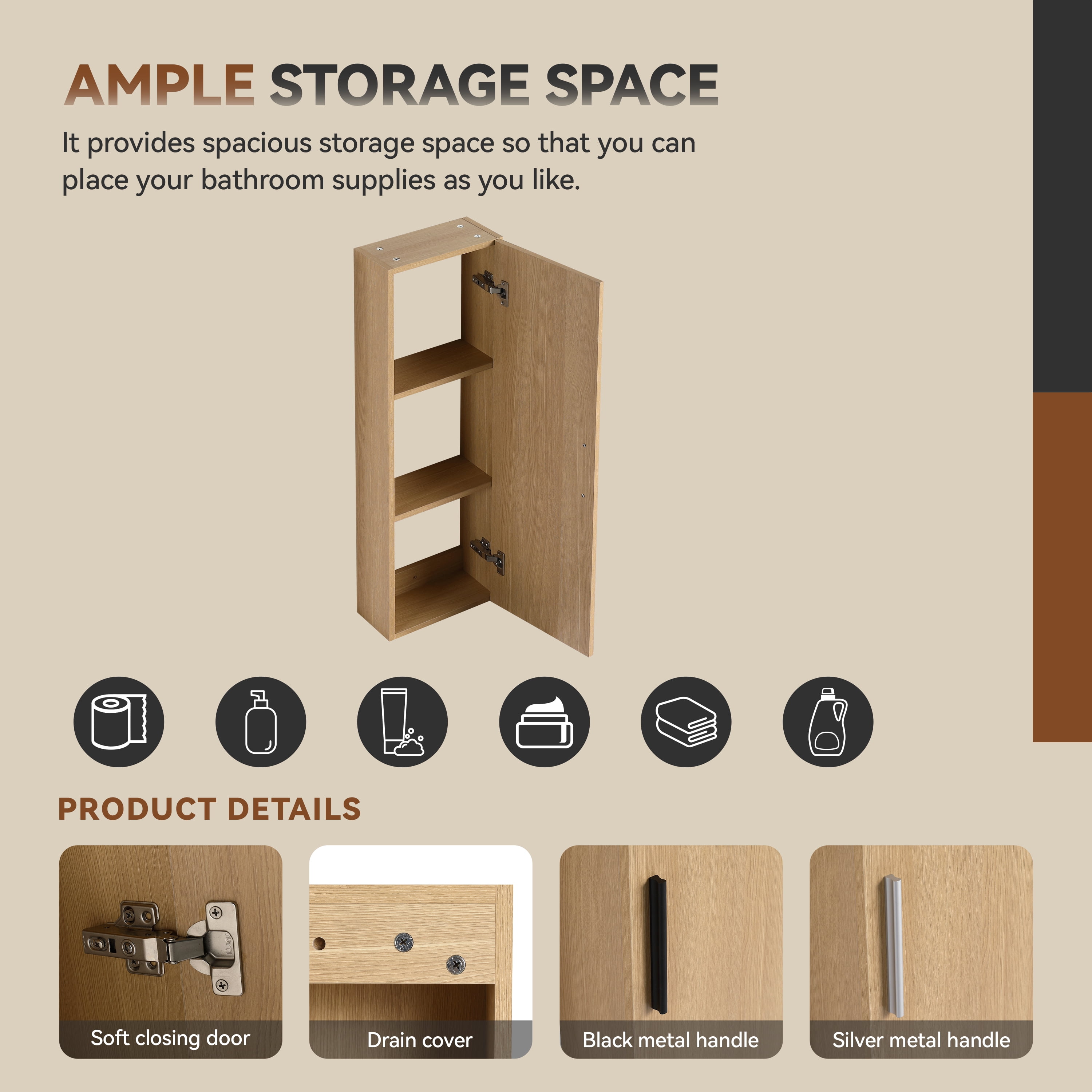 12" Tall Floating Bathroom Side Cabinet, Light Oak Plywood Linen Cabinet, Wall-Mounted Single Door Storage with Black/Aluminum Handles