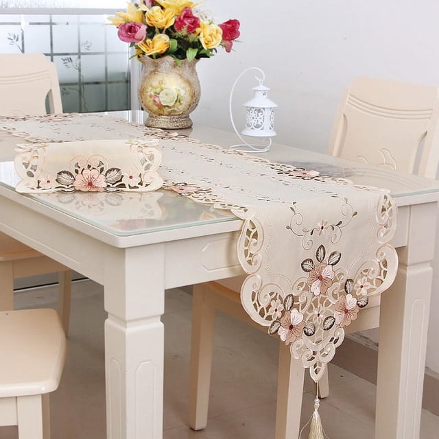 Lefu Tissu de Table en Gaze Translucide à Dentelle Florale Brodée Table Runner