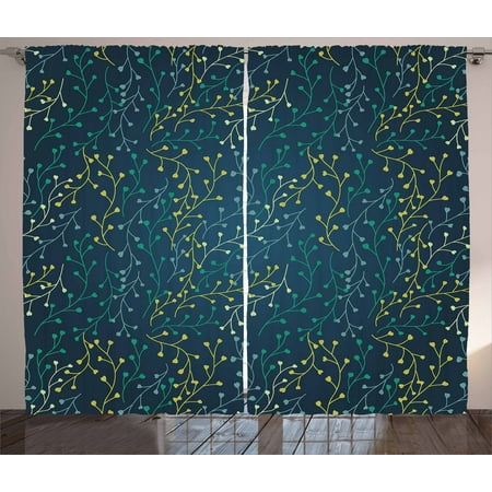 Flowering Hearth - Leaves Curtains 2 Panels Set, Heart Shaped Little Buds Flowering Branches Curly Spring Nature Inspired, Window Drapes for Living Room Bedroom, 108W X 84L Inches, Dark Blue Green Yellow, by Ambesonne