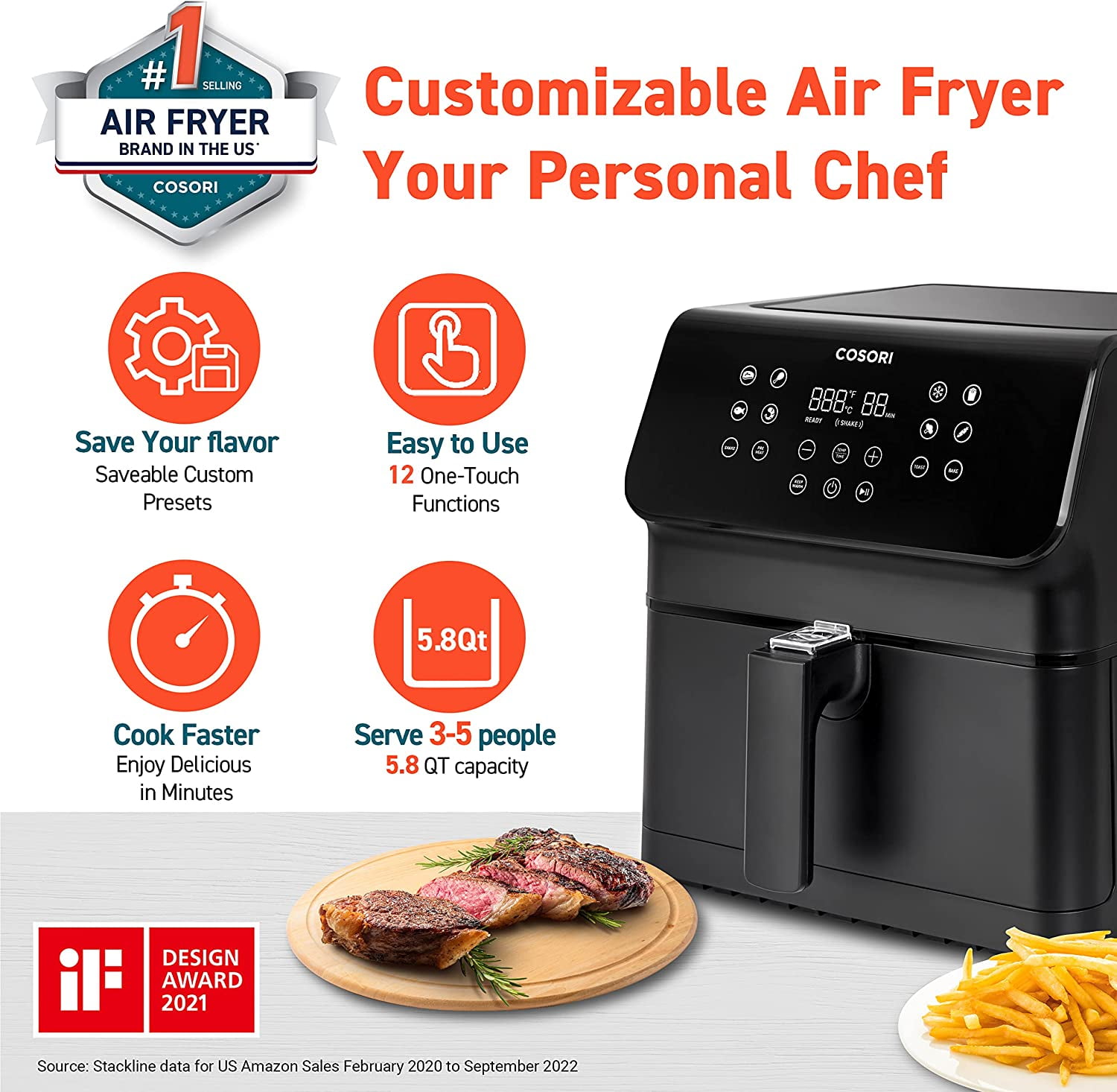 Cosori Pro II 5.8-Quart Smart Air Fryer, 12-in-1, Walmart Exclusive Bonus, Voice Control, Light Gray