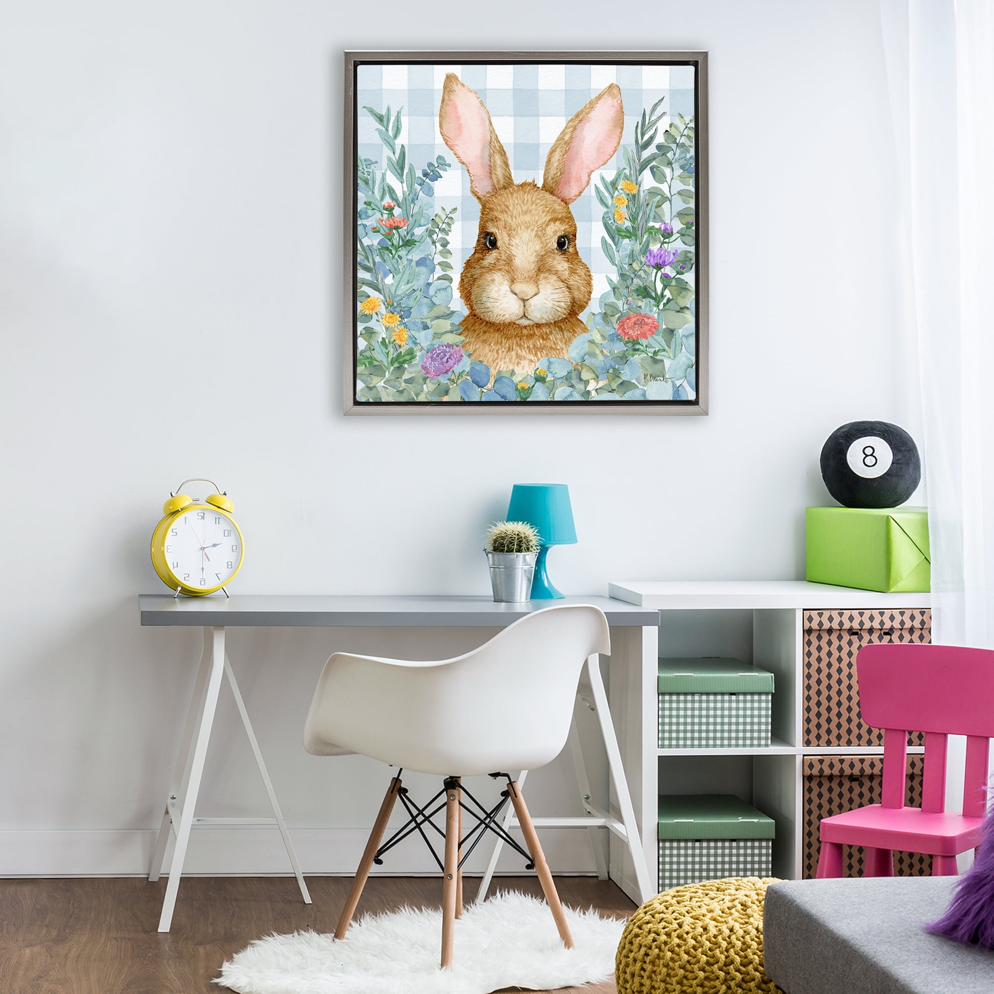 Stupell Industries Rabbit Laurel on Gingham Gray Framed Floater Canvas Wall Art, design by Paul Brent