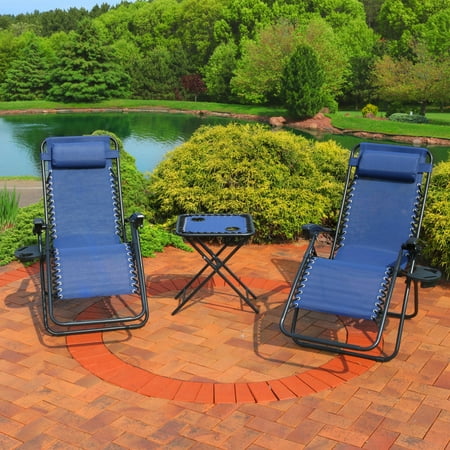 Built In Outdoor Seating Sunnydaze Outdoor Zero Gravity Reclining Lounge Chairs Set of 2, with Pillows, Cup Holders and Matching Table with Built-In Cup Holders, Navy Blue ()