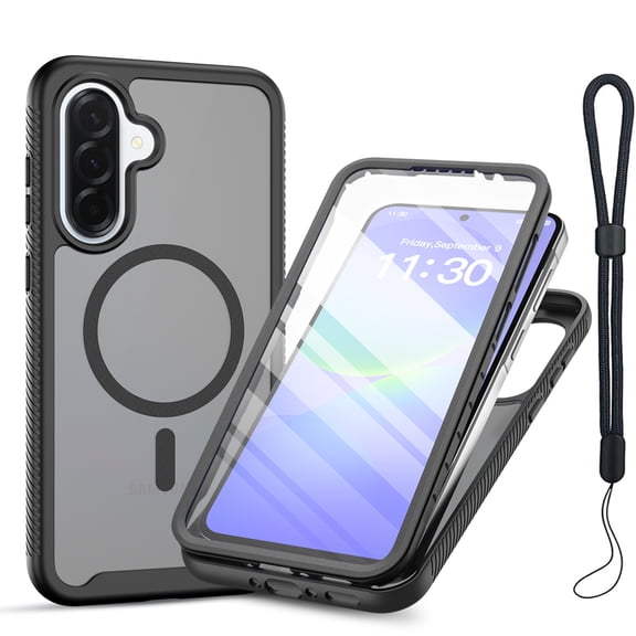 COAROVER Magnetic Case for Samsung Galaxy A37 with Built-in Screen Protector and Adjustable Wrist Strap,Full-Body Shockproof Matte Back Cover,Black