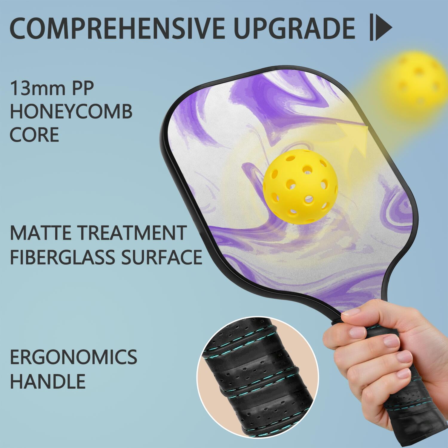 Pickleball Paddles Set Of 1, Fiberglass Surface, Liquid & Marble Print, 1 Paddles, 2 Balls & Bag