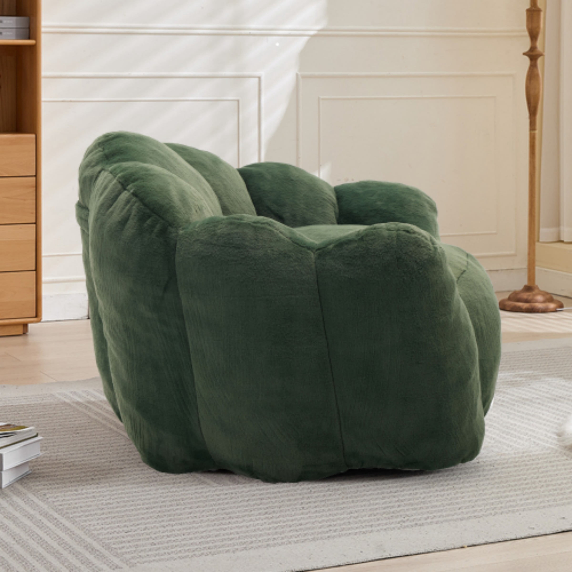Lotus Bean Bag Sofa Chair for Adults, Memory Foam Lounge Chair with Pull Ring, Lazy Floor Sofa for Living Room Bedroom, Green