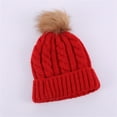 thumbnail image 2 of Xfvqtps Womens Beanie Knit Crochet Cuffed Fuzzy Pompom Solid Color Ribbed Chunky Stretch Windproof Coldproof Warm Outdoor Versatile Thickened Soft Fall Winter Skull Cap Red, 2 of 2