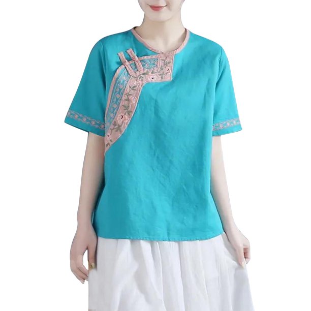 Tops de Algodón de Lino para las Mujeres Bordado Retro Suelto de Manga Corta de Gran Tamaño, Cuello Redondo