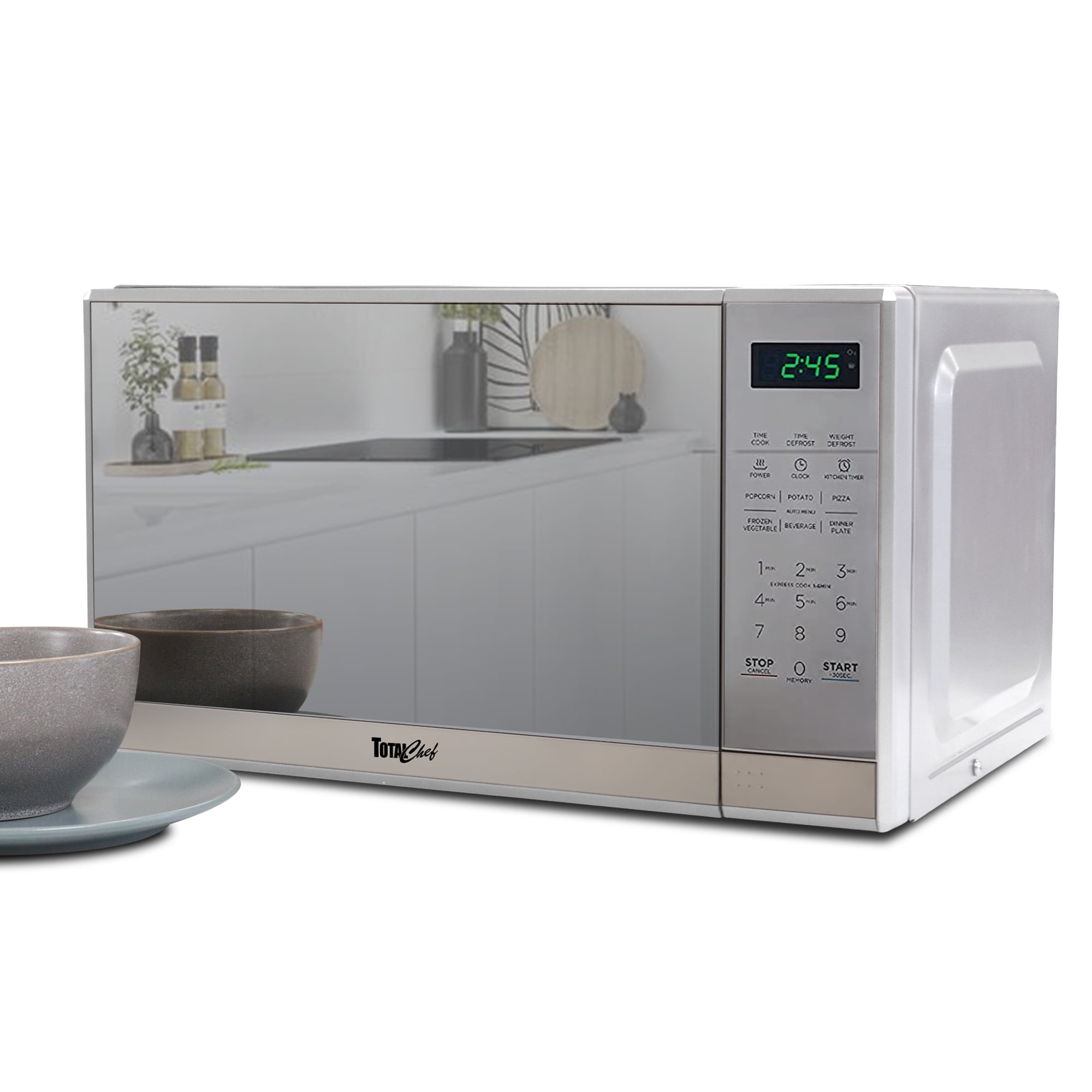 Total Chef Compact Countertop Microwave Oven, 700W, 0.7 Cubic Feet Capacity, Digital Touchscreen Controls, 6 Pre-Set Cooking Modes, Silver Stainless Steel