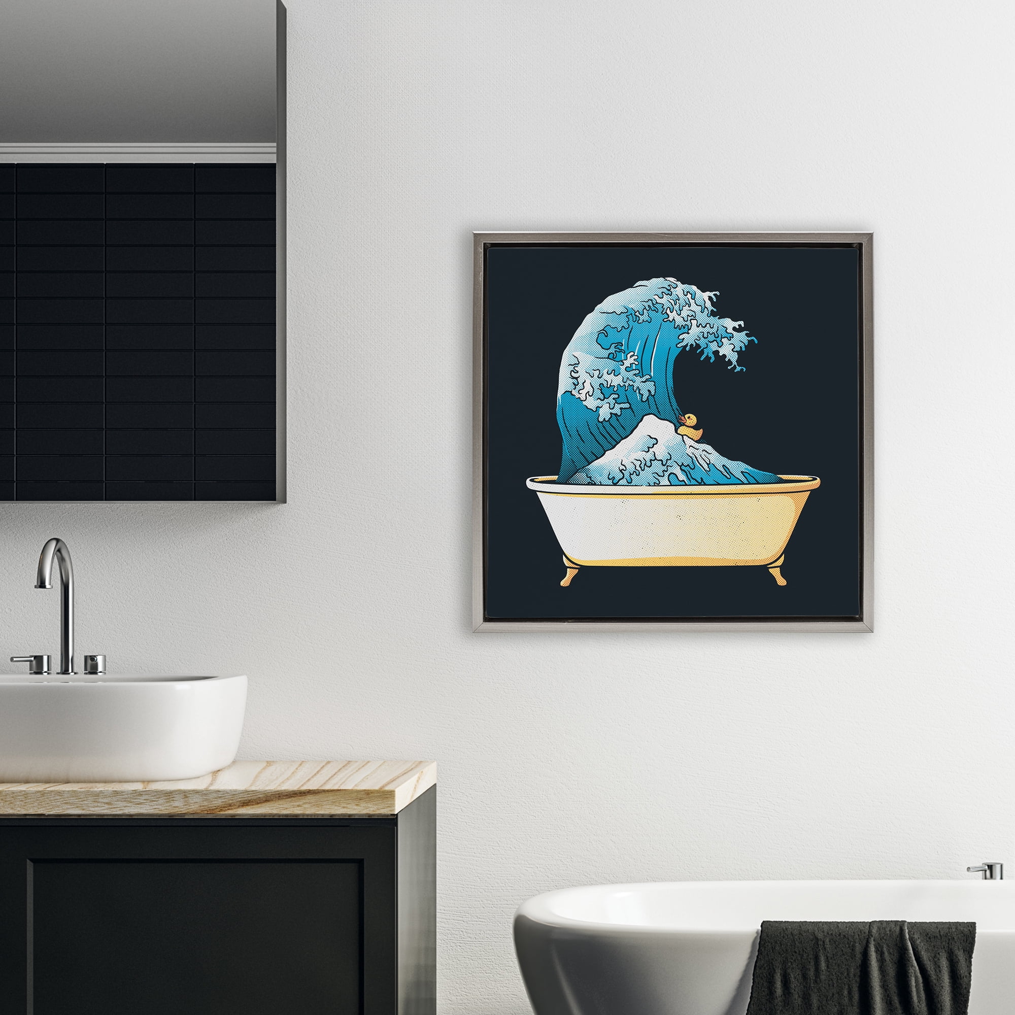 Stupell Industries Bathtub with Kanagawa Wave Gray Framed Floater Canvas Wall Art, design by Tobe Fonseca
