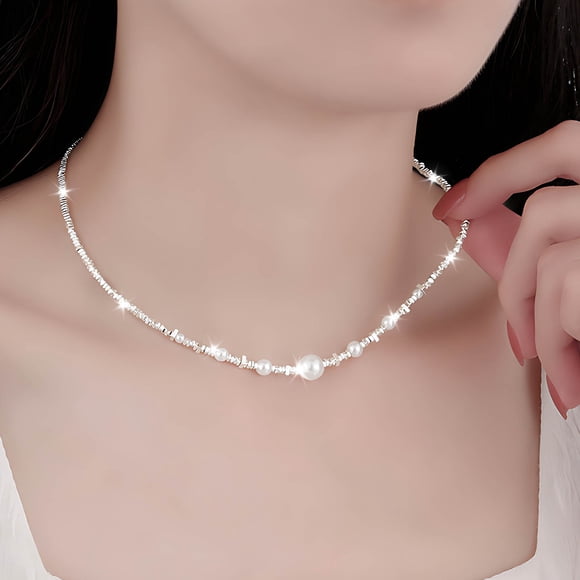 ABPWLY Rice Bead Choker Necklace Wedding Pearl Collar Necklace White Bead Necklace Bridal Pearl Necklace Silvery Luck Star Necklace Chain Jewelry for Women Clearance Womens Necklaces Canada Days
