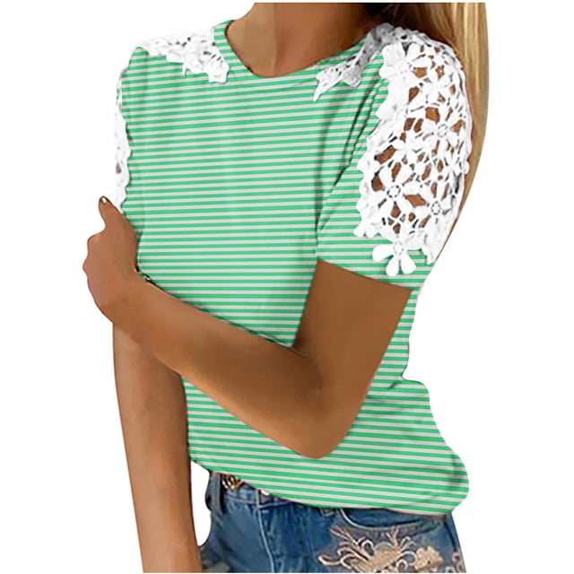 Blouses pour Femmes, Femmes Imprimé Manches Courtes Col Rond Chandail Dentelle Hauts Chemises Blouse