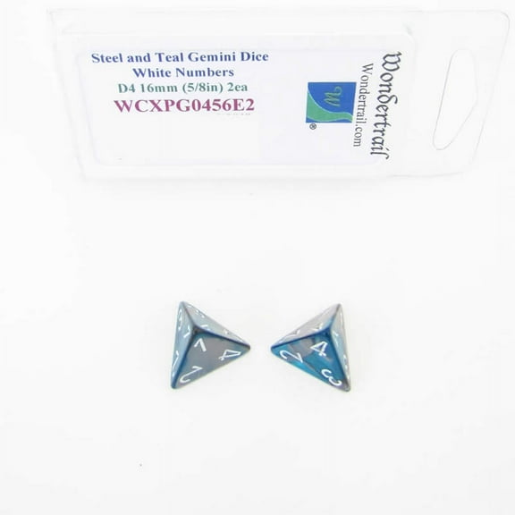 Steel and Teal Gemini Dice with White Numbers D4 Aprox 16mm (5/8in) Pack of 2 Wondertrail