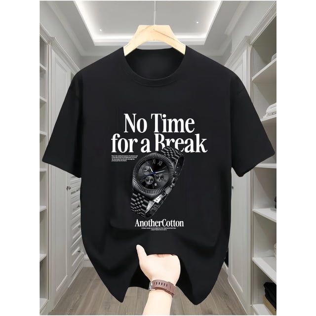 Men's 100% Cotton Graphic T-Shirt - "No Time for a Break" Watch Design, Casual & Comfortable Short Sleeve Tee, Maroon with Black Print, All-Season Wear, Teen Fashion | Relaxed Fit Top | 100% Cotton T