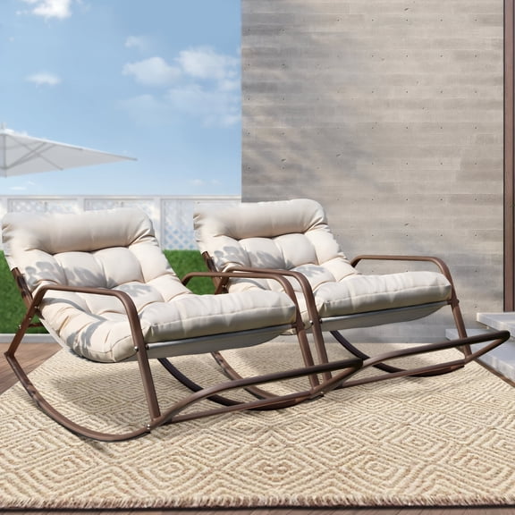 RADIATA Oversized Papasan Rocking Recliner Chair with Footrest, 400lbs Wicker Lounge Chair for Indoor Outdoor Patio, Living Room, 2PCS,Beige