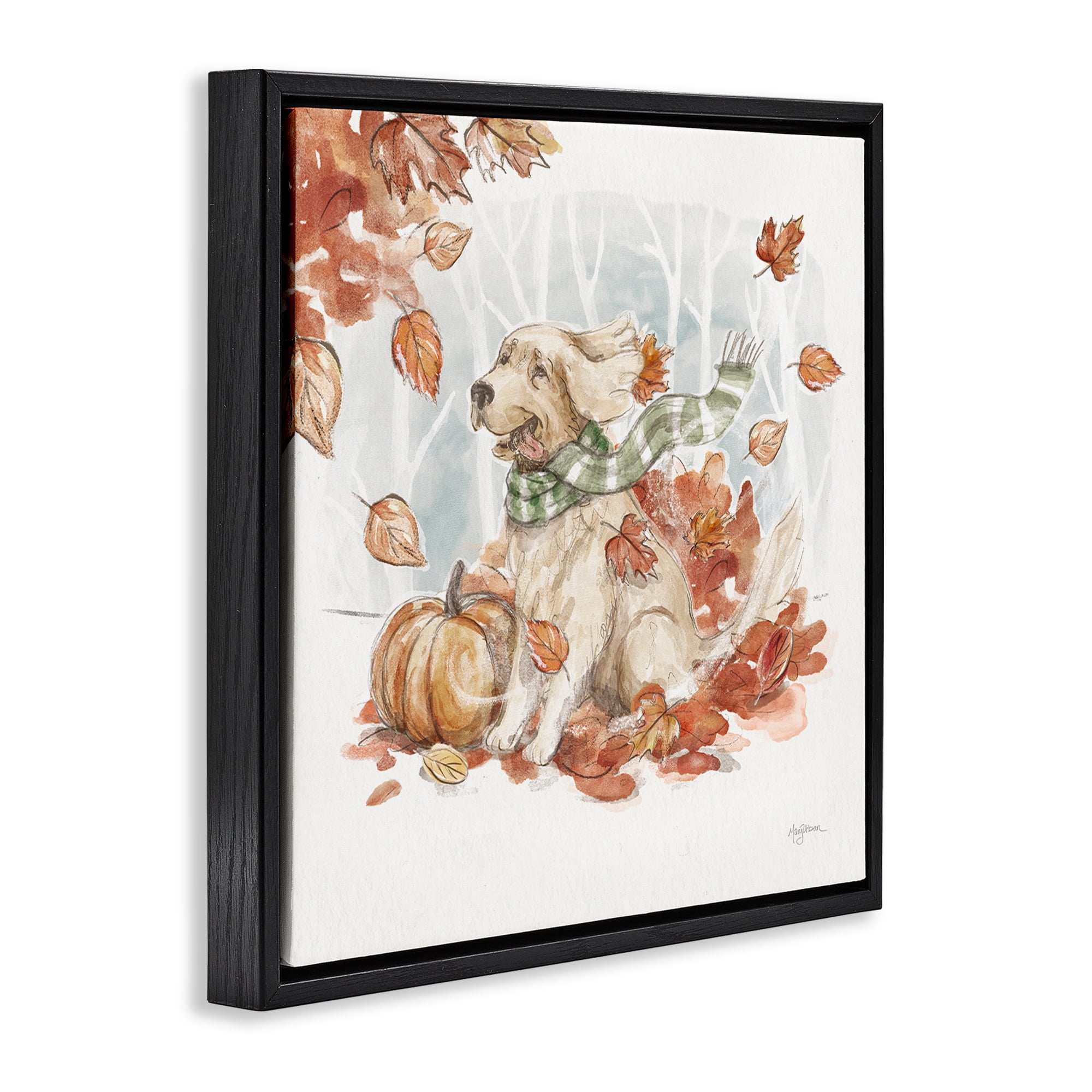 Stupell Industries Happy Autumn Labrador Holiday Painting Black Floater Framed Canvas Art Prints Wall Art, 18 x 18