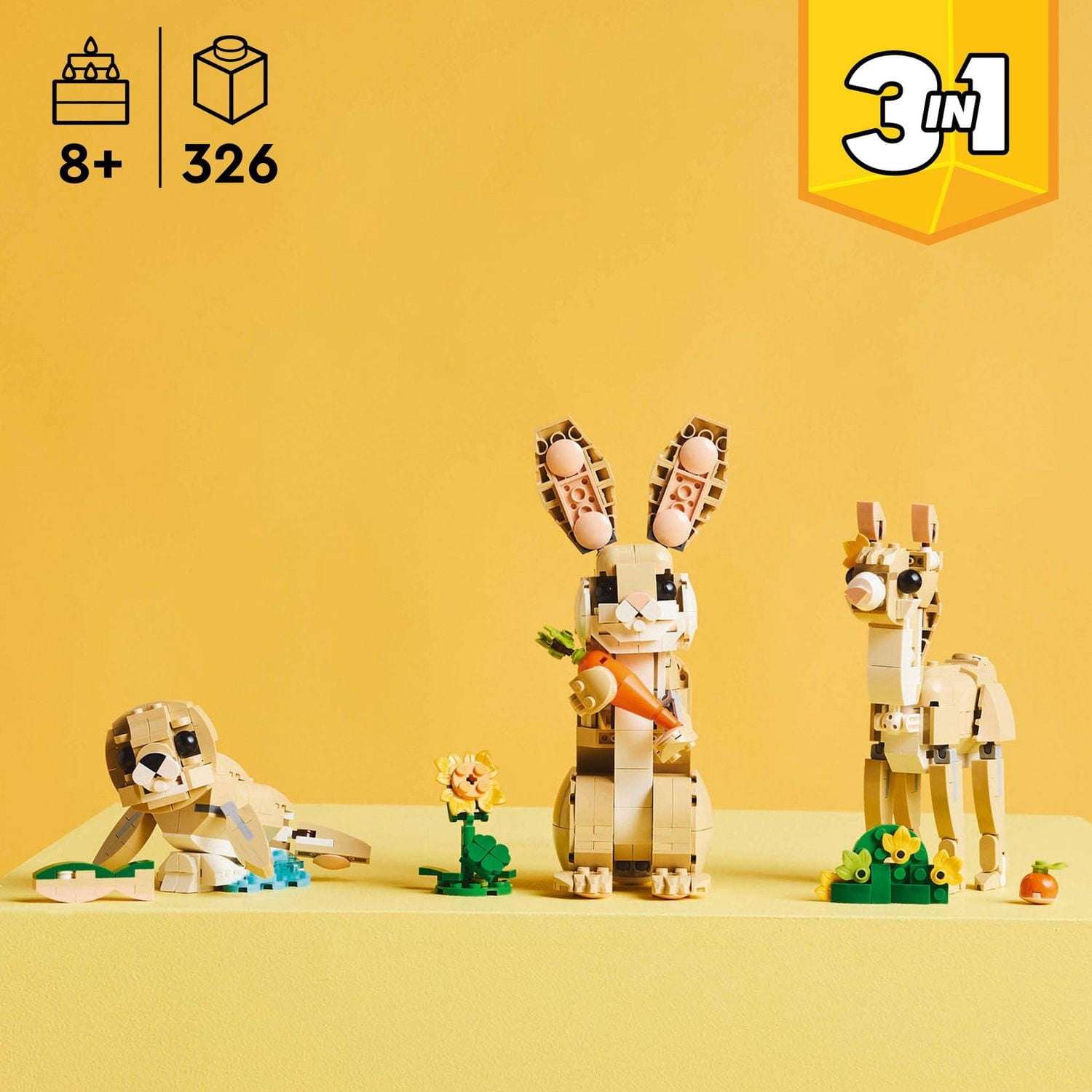 LEGO Creator 3 in 1 Cute Bunny Toy - Building Toy Set with 3 Build Options, Bunny, Seal, or Llama - Animal Figures for Kids, Girls and Boys, Ages 8+ - Gift Idea for Birthdays - 31162, Includes 326 Pieces, Ages 8+