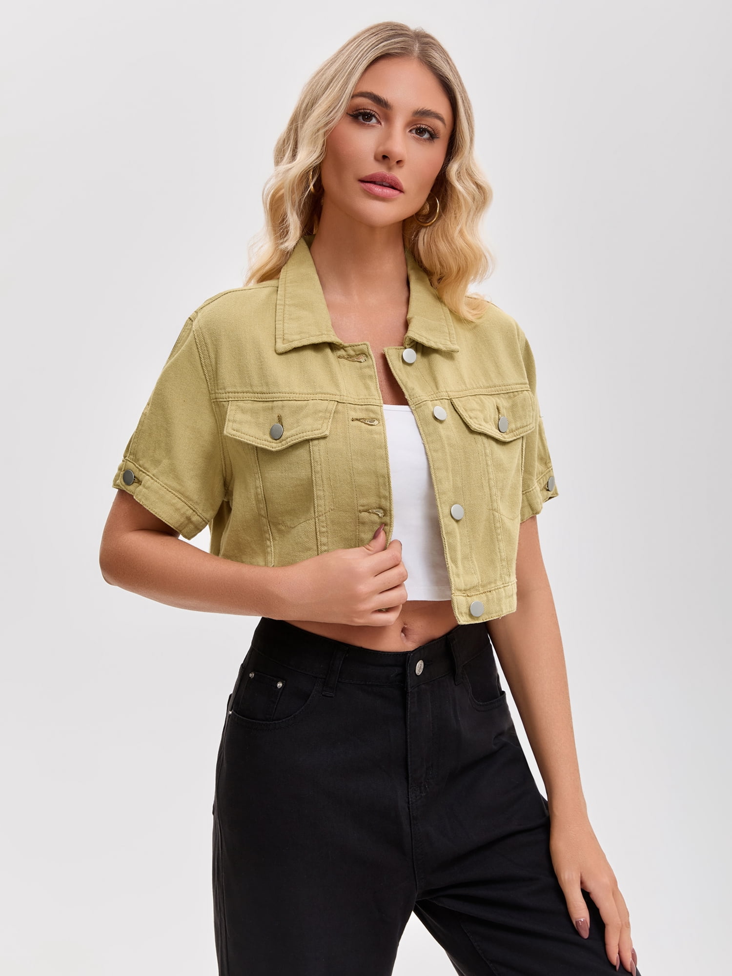 DARING DIVA Women's Short Sleeve Denim Rendy Casual Cropped Jean Jacket 2XL Khaki
