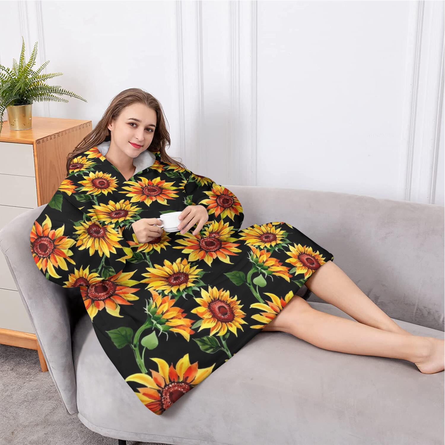 Oversized Wearable Blanket Hoodie,Black Orange Sunflower Pattern Sherpa Blanket Hoodie with Super Pockets,Super Warm Fuzzy Pullover for Women & Men