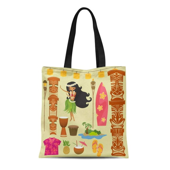 POGLIP Canvas Tote Bag Hawaii Symbols and Including Hula Dancer Tiki Gods Totem Durable Reusable Shopping Shoulder Grocery Bag