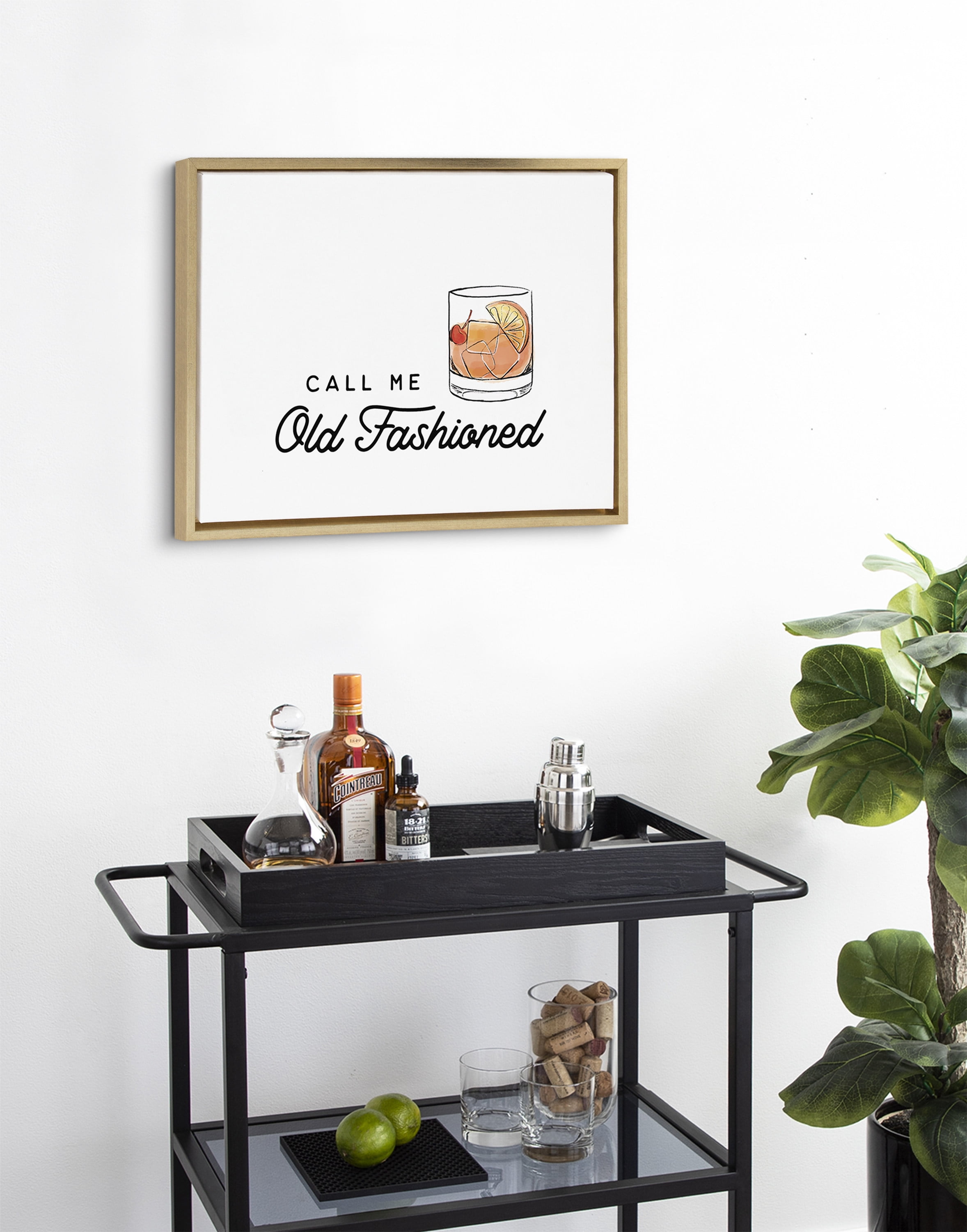 Kate and Laurel Sylvie Call Me Old Fashioned Framed Canvas Wall Art by The Creative Bunch Studio, 18x24 Gold, Chic Bar Art for Wall