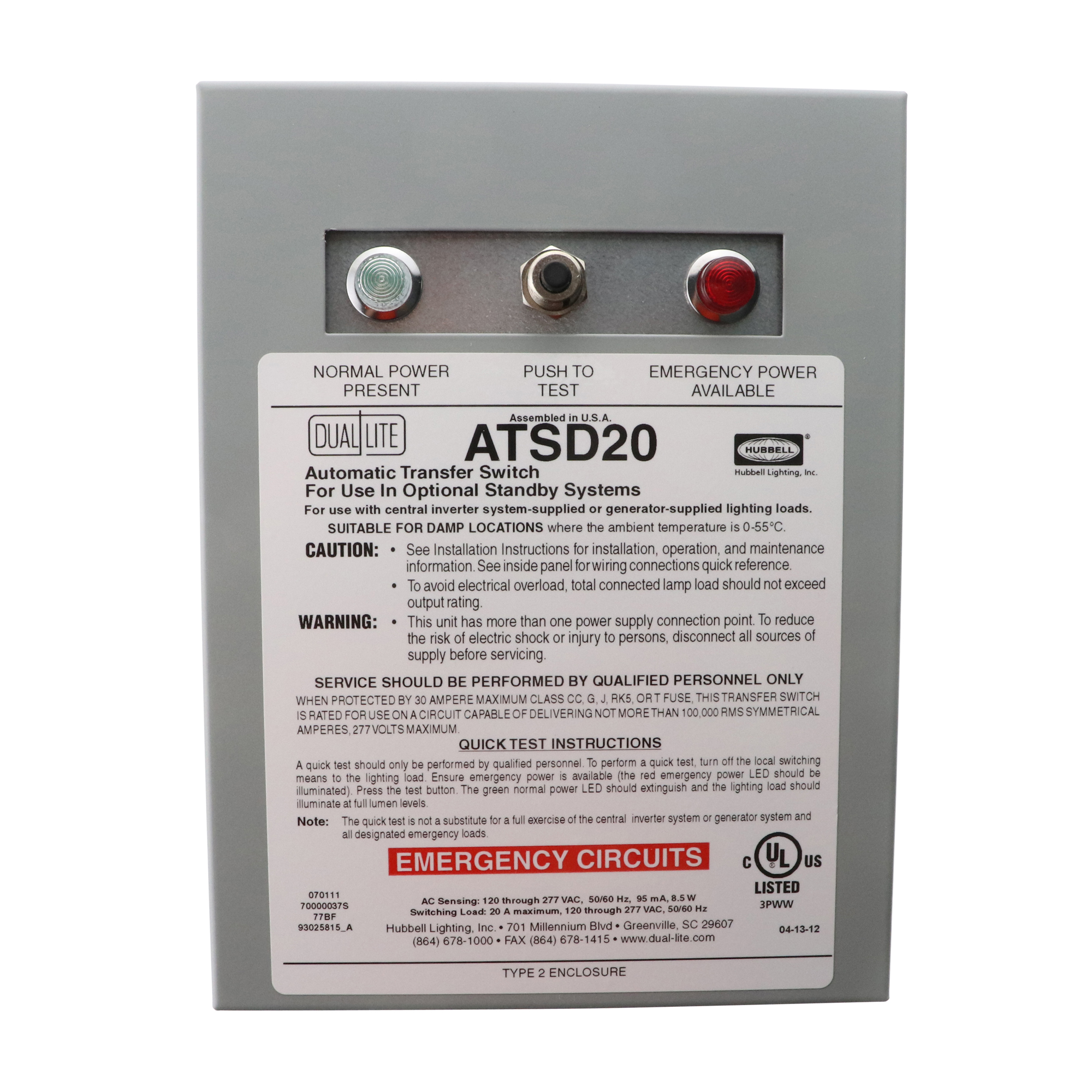 Hubbell DualLite ATSD20 Emergency Lighting Transfer Switch Device, 20