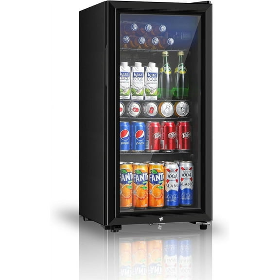 Beverage Refrigerator, 3.2 Cu.ft Mini Fridge with Double Glass Door, Cooler for Soda, Beer or Wine for Home, Office or Bar with Adjustable Removable Shelves (Black)