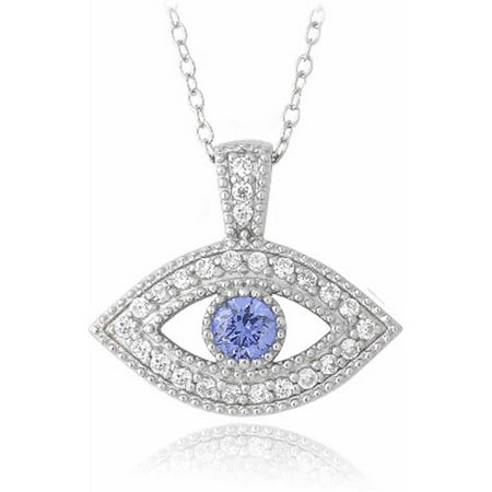 Tanzanite and Clear CZ Sterling Silver Evil Eye Necklace