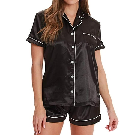 

Women Summer Home Button Down Solid Satin Pajama Short Sleeve Set Sleepwear CHMORA