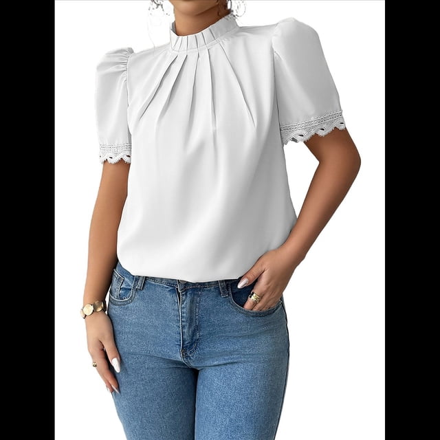 Camisa de Verano para Mujer, de Corta, con Volantes, Cuello Alto, Floral, , 2025, Blusas Informales, Tops S