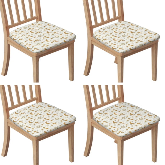 White Gold Sun Moon Cloud Pattern Seat Covers for Dining Room Chairs Set Of 4,Stretch Printed Washable Chair Seat Cover with Elastic Ties and Button,Removable Waterproof Couch Cushion Covers