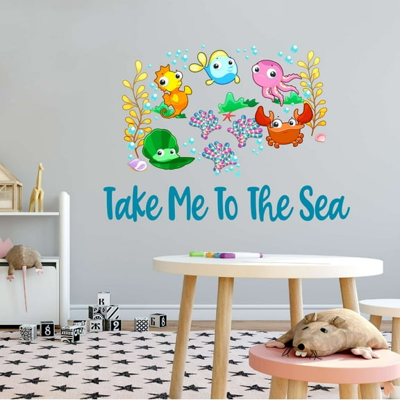 Take Me To The Sea Under Water Sea Creatures Crab Octopus Fish Seahorse Clam Shellfish Urchin Kelp Queen Sweet Dreams Bedtime Unicorn Holiday Decorating Wall Decal Sticker - Size: 10 In X 7 In