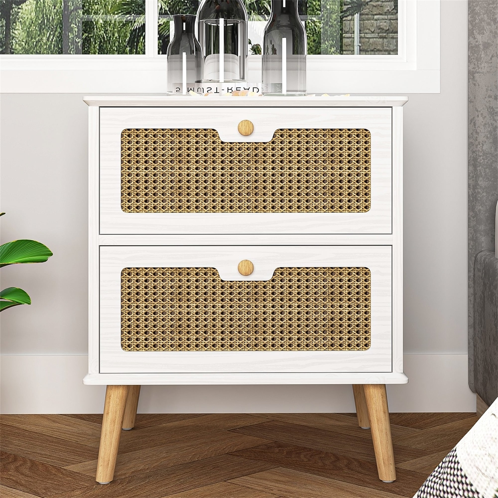 Spaco Rattan Night stand with Drawers, Bedroom Nightstand Bedside Table, White Spaco Rattan Night stand with Drawers, Bedroom Nightstand Bedside Table, White