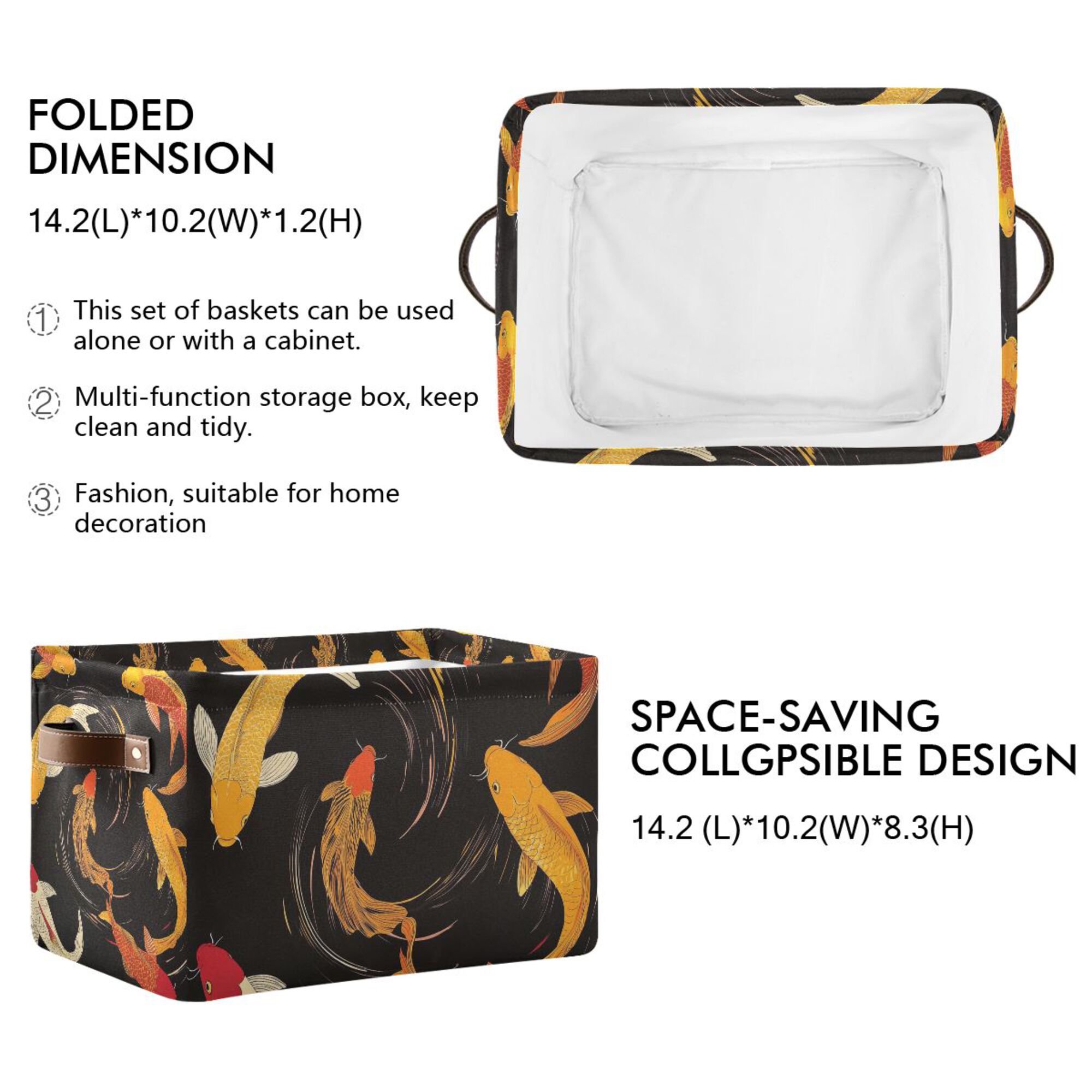 Yayeee 2 Pack Canvas Storage Basket with Handles for Shelves Fabric Bins Closet Organizer, Black Fish Pattern