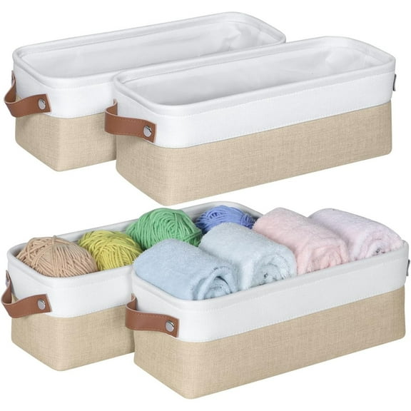 Small Fabric Storage Bins, 15x6x5 inch Narrow Storage Baskets 4-Pack Long Storage Basket for Organizing with Handles, Decorative Basket for Closets, Shelves, Toilet Paper, Beige