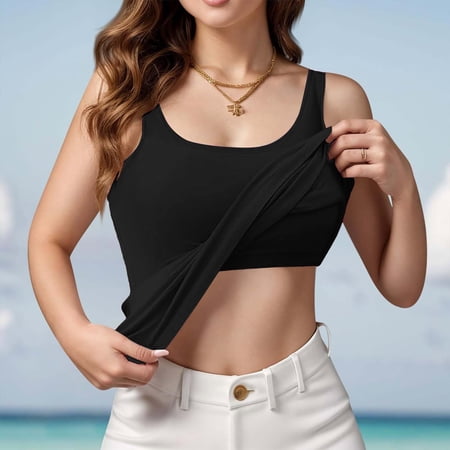 Built-in Bra Tank Tops Bra Tanks Summer Tops Scoop Neck Sleeveless Casual Shirts Adjustable Wider Strap Cami Shirt Workout Going Out Cotton Undershirt Cotton Tank Top Loose Fit Black S