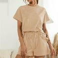 thumbnail image 7 of Women's 2 Pieces Outfits Solid Short Sleeve Ruffle Hem Tops and Elastic Waist Drawstring Shorts PJs Lounge Suits, 7 of 7