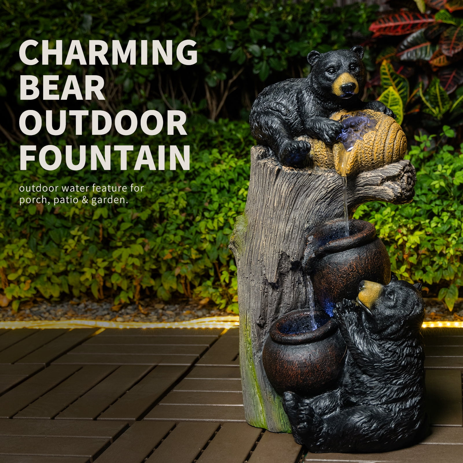 Bear Outdoor Water Fountain with LED Lights Cascading Fountains Outdoor for Patio Yard Balcony 23.62'' Garden Fountains Outdoor and Outdoor Water Fountain Decor