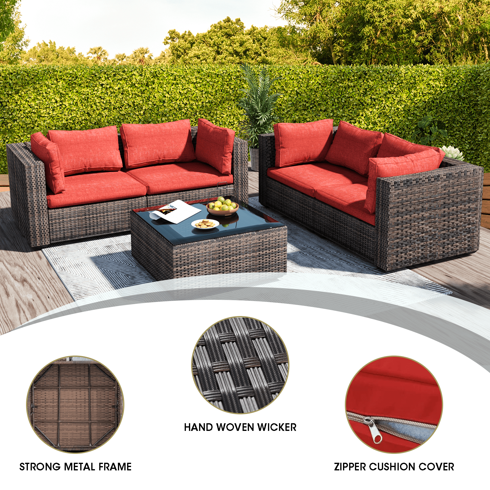 Grezone 5 Pieces Patio Furniture Set, All Weather Outdoor Sectional PE Rattan, Patio Conversation Sets with Cushions and Glass Coffee Table for Garden Lawn Balcony Porch Deck, Red