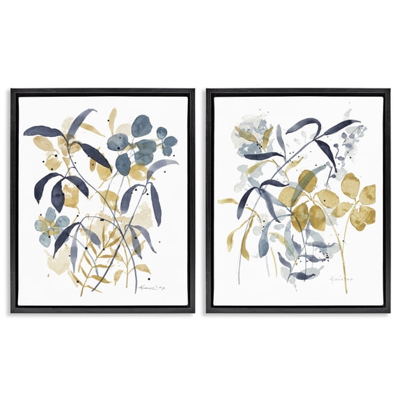 Stupell Industries Whimsy Watercolor Botanicals Floral Painting Black Floater Framed Canvas Art Print Wall Art, 17 x 21, Set of 2