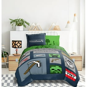 Minecraft Icon Adventure Kids Full Bed Set, 100% Microfiber, Blue Green, Gaming Bedding
