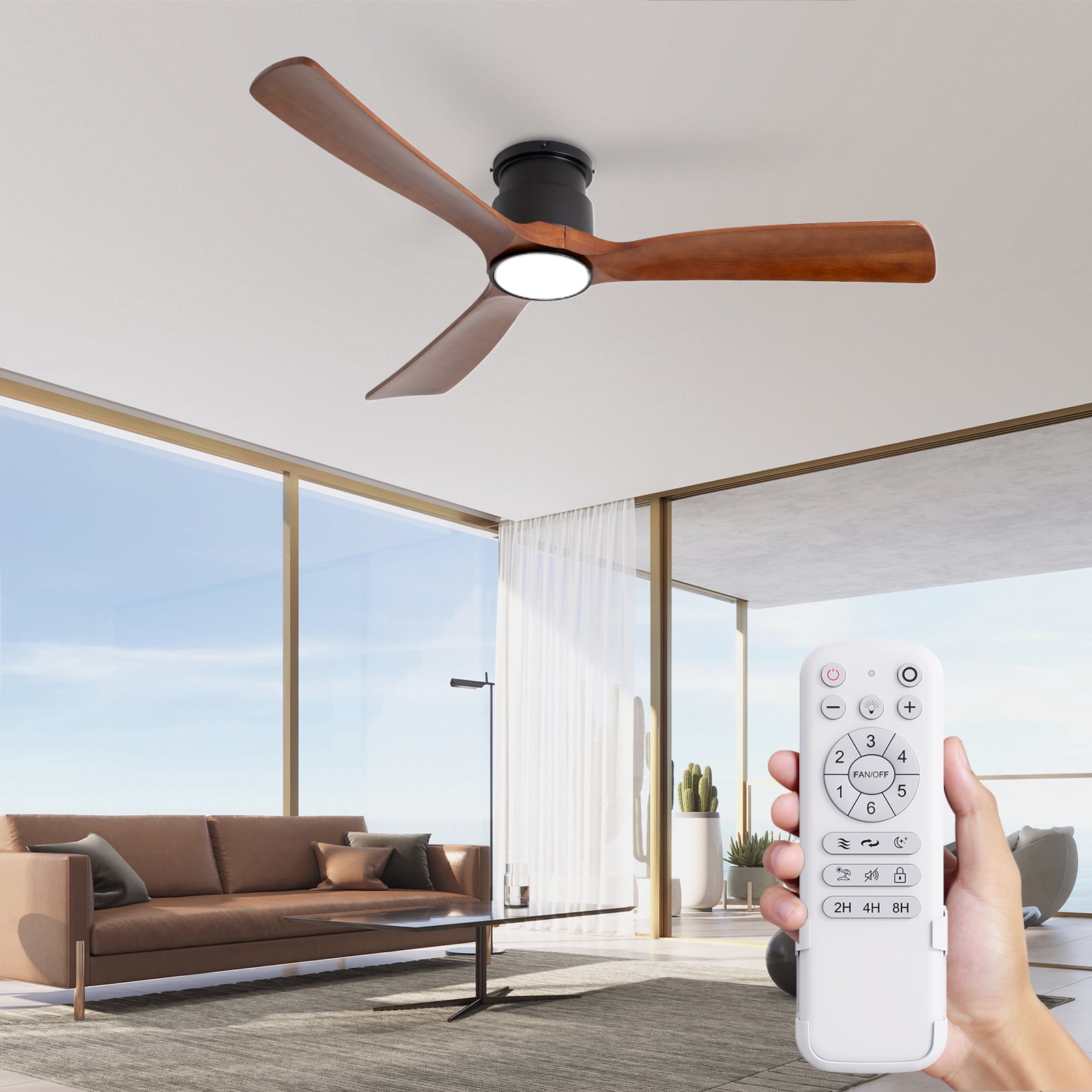 Wozzio 52 Inch Natural Brown Log Recessed Mount Ceiling Fan Light, 22 Watt Tri-Colour Dimmable with Remote Control And Silent Reversible Motor