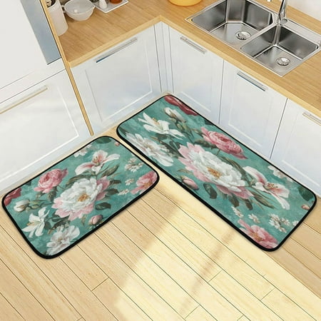 

Wobogo Rococo Florals Kitchen Carpet Set of 2 Absorbent and Stain Resistant Non-slip Star Rubber Backing