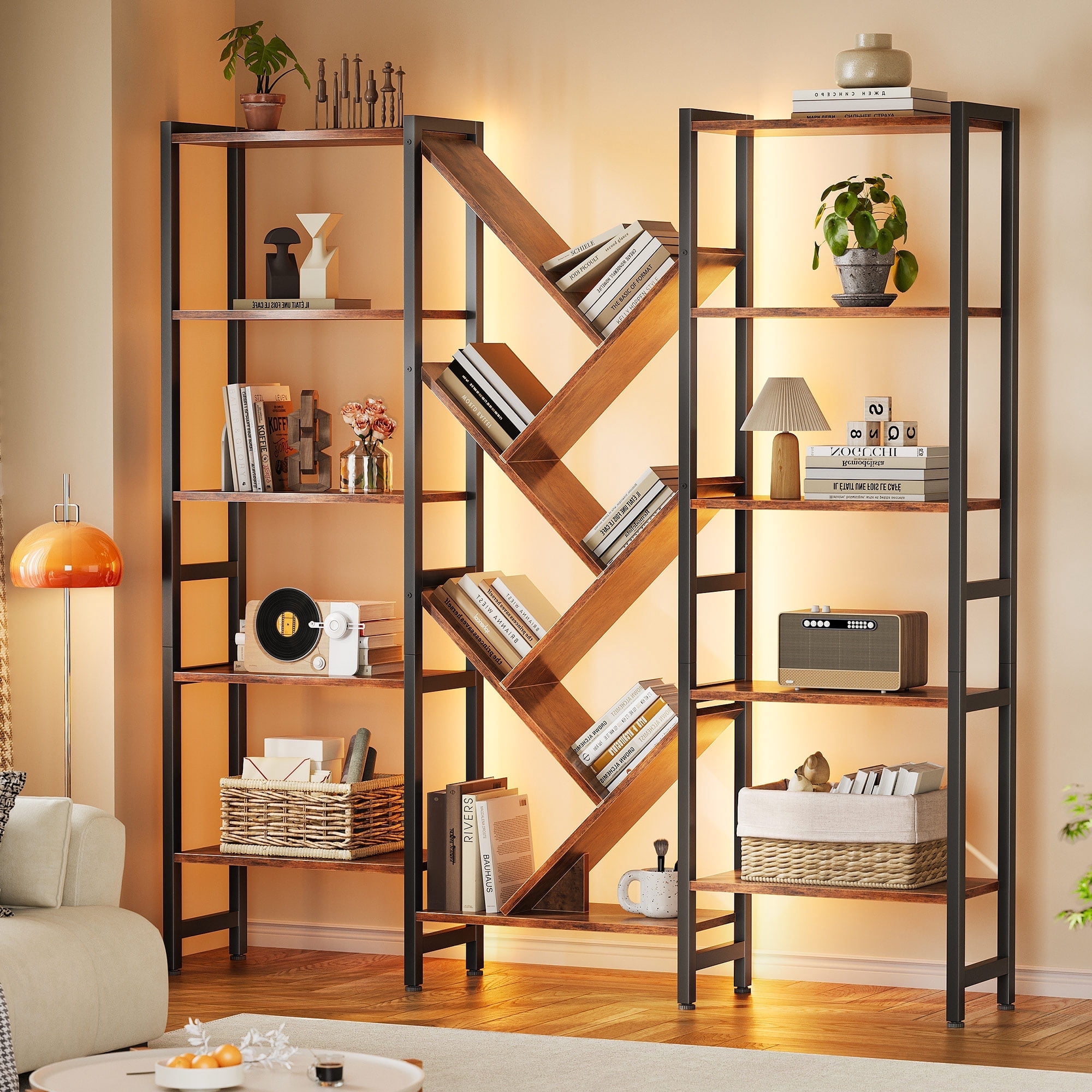 Triple 5-Tier Bookshelf with LED Lights for Living Room, 17 Open Shelves Large Bookcase with App Control RGB Light Strip, Modern Tree Design Storage Shelf with Metal Frame, Vintage