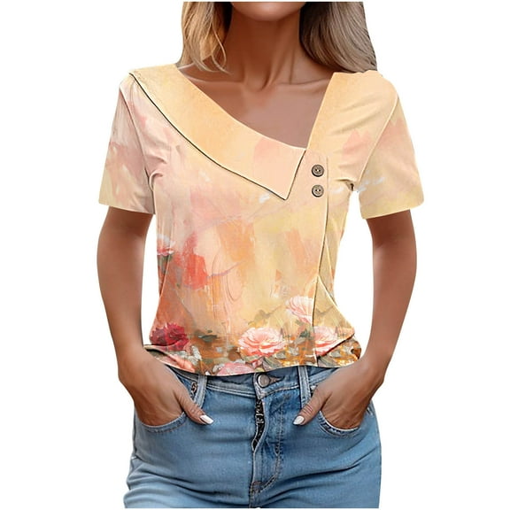 Boho Tops for Women Tops Trendy Casual Tshirts Shirts Cotton Short Sleeve Cotton Button Down Blouses