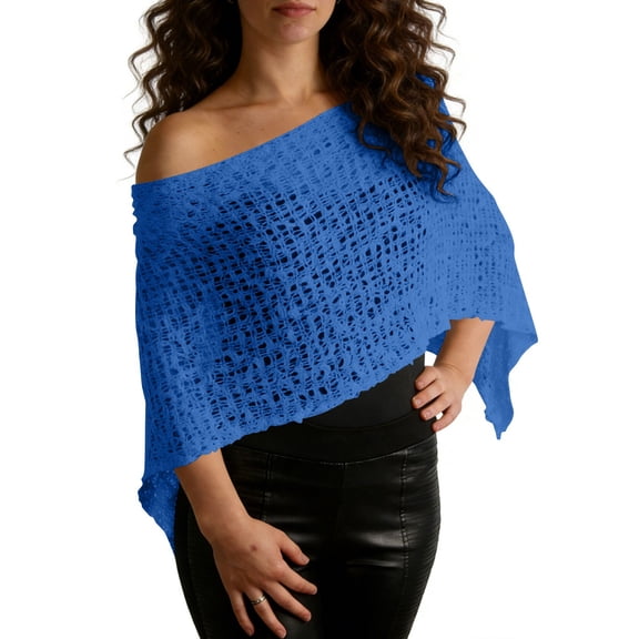 Women's Crochet Knit Asymmetrical Off-Shoulder Poncho Shawl, Hollow Out Lightweight Cover-Up for Beach, Pool, Parties and Casual Wear Blue Free Size