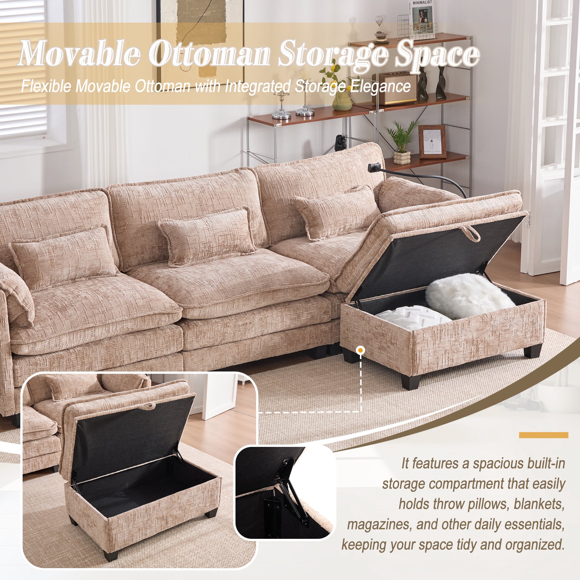 MOONMISS Chenille Upholstered L-shaped Modular Sectional Sleeper Sofa with Movable Storage Ottoman,USB&TYPE-C-Khaki