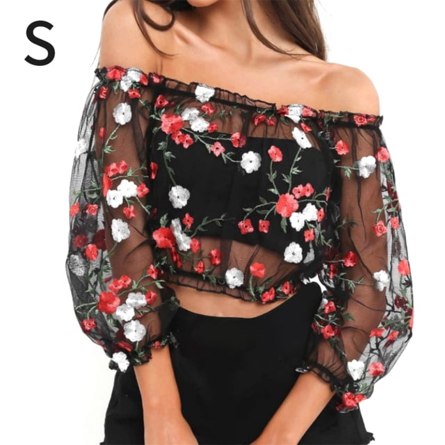 Blusa elástica con hombros descubiertos y estampado floral de malla con top corto bordado para mujer, S Eigraketly AP000886-01