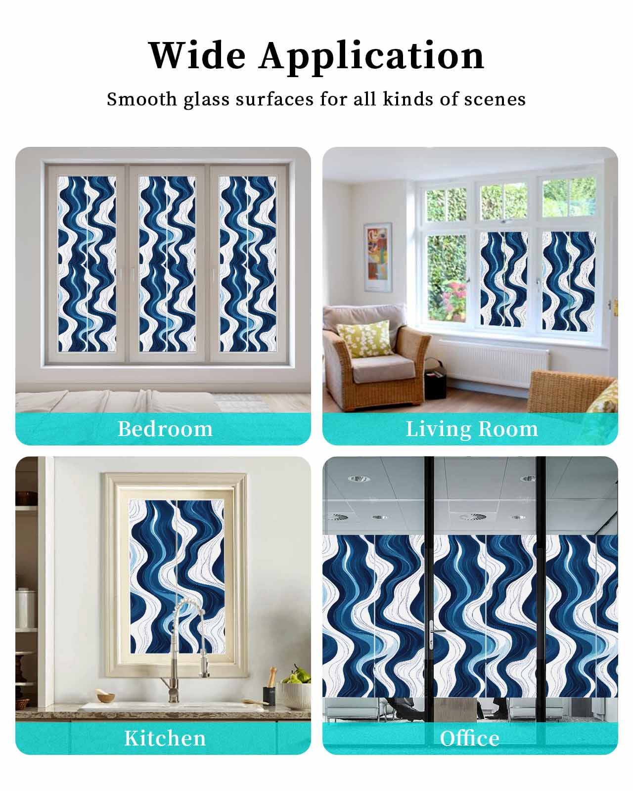 Window Privacy Film Blue Stripe Stained Glass Window Film Decorative Sun Block Window Cover Geometric White Coastal Wave Modern Ocean Window Clings Static Adhesive Sticker for Bathroom 35.4"x78.7"
