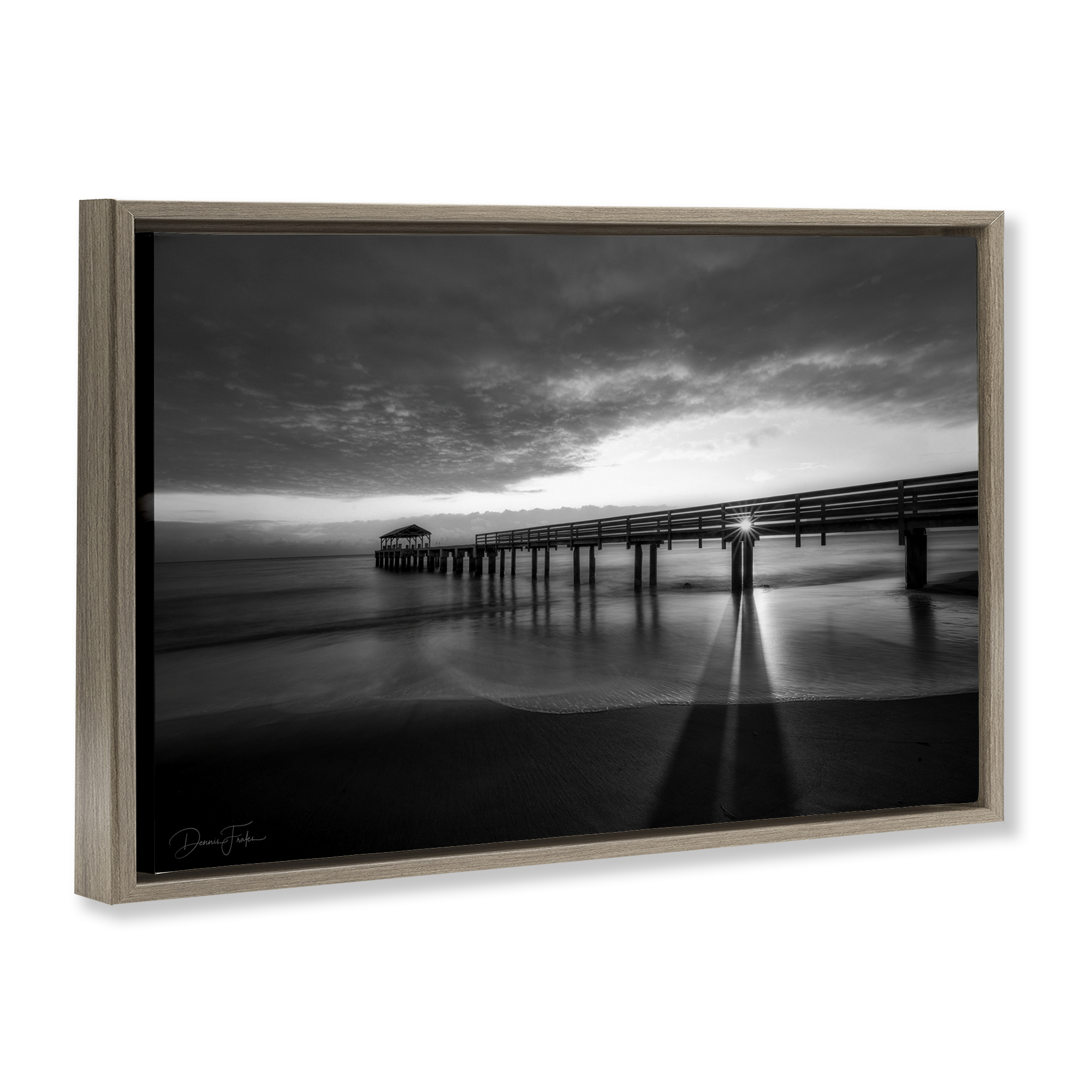 Stupell Industries Sun Shining Through Dock Landscape Photography Brown Floater Framed Canvas Art Print Wall Art, 31 x 21